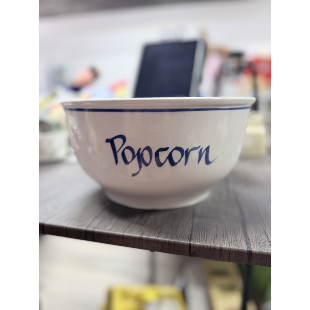 Vintage Clay Design Popcorn Bowl White Blue Stoneware Pottery Serving Dish